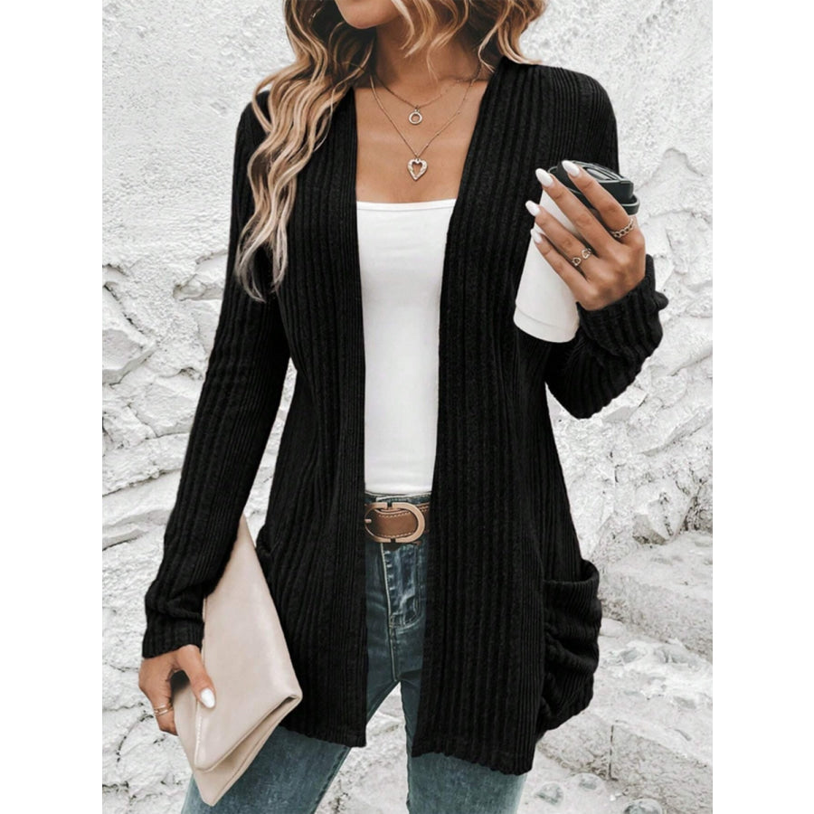 Pocketed Open Front Long Sleeve Cardigan Apparel and Accessories