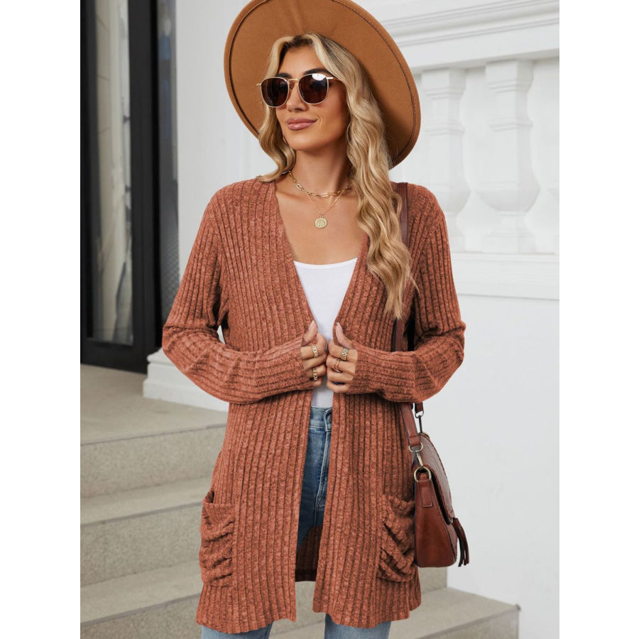 Pocketed Open Front Long Sleeve Cardigan Apparel and Accessories