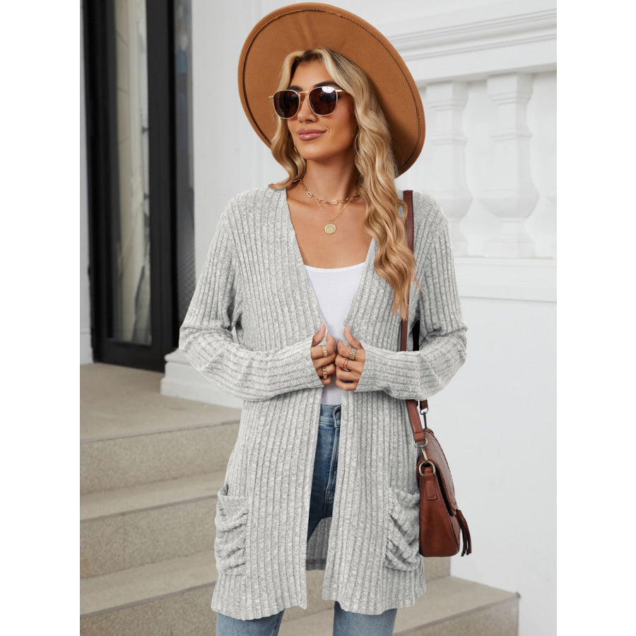 Pocketed Open Front Long Sleeve Cardigan Apparel and Accessories