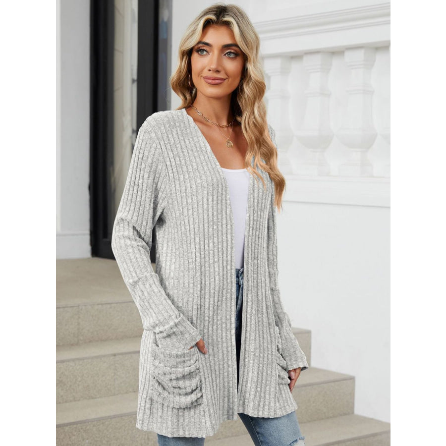 Pocketed Open Front Long Sleeve Cardigan Apparel and Accessories