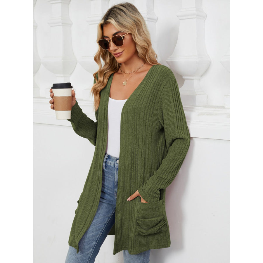 Pocketed Open Front Long Sleeve Cardigan Apparel and Accessories