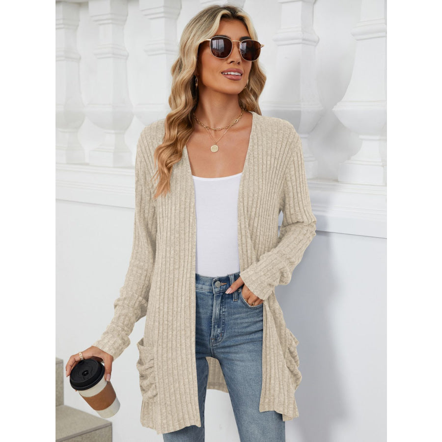 Pocketed Open Front Long Sleeve Cardigan Beige / S Apparel and Accessories