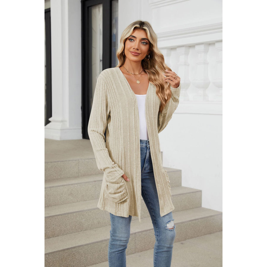 Pocketed Open Front Long Sleeve Cardigan Beige / S Apparel and Accessories