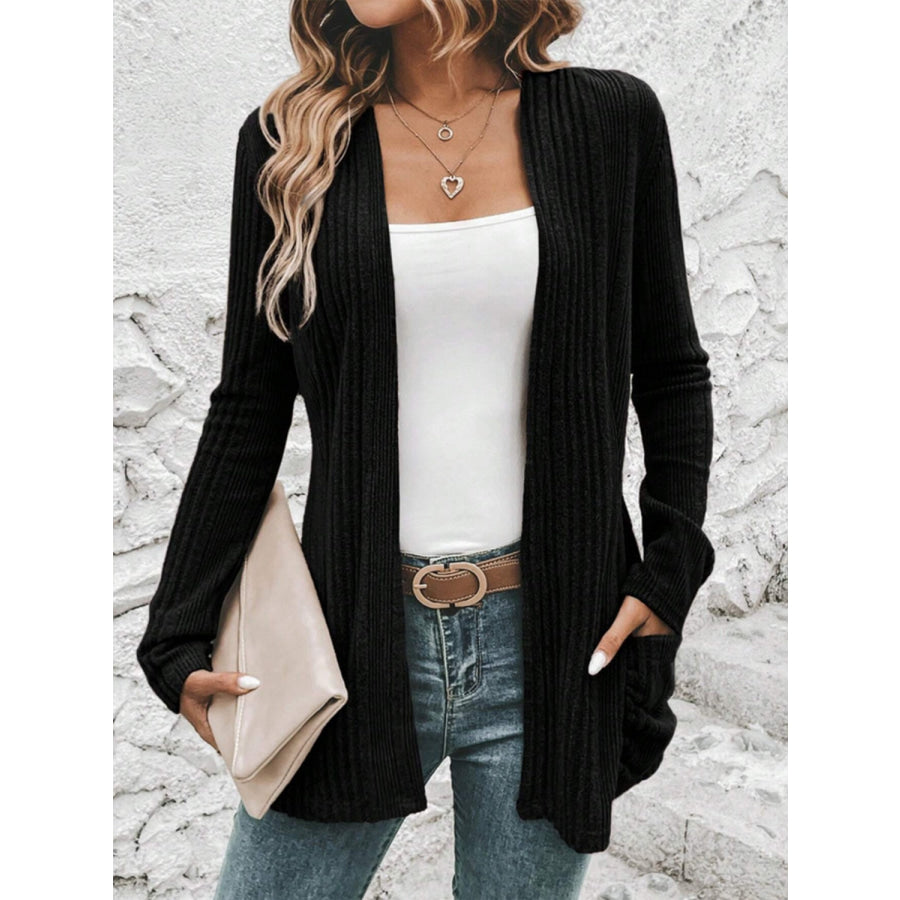 Pocketed Open Front Long Sleeve Cardigan Black / S Apparel and Accessories