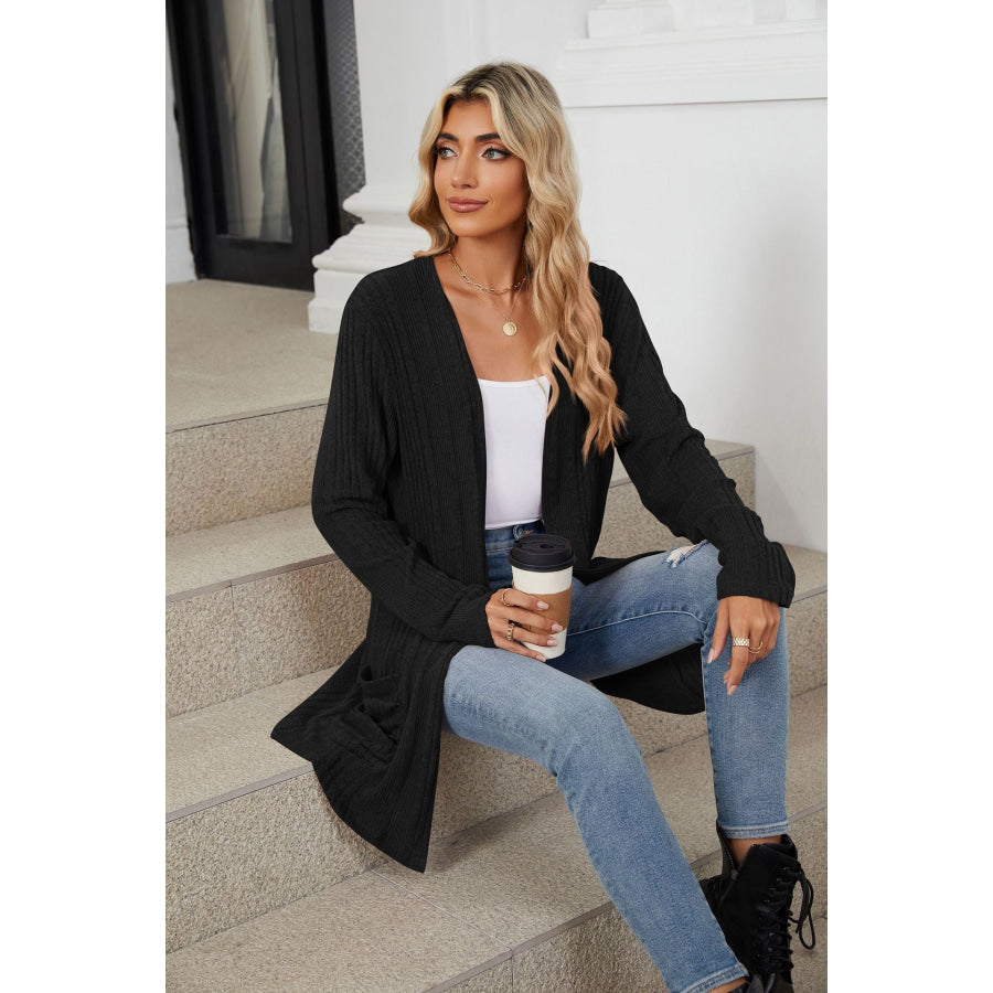 Pocketed Open Front Long Sleeve Cardigan Black / S Apparel and Accessories