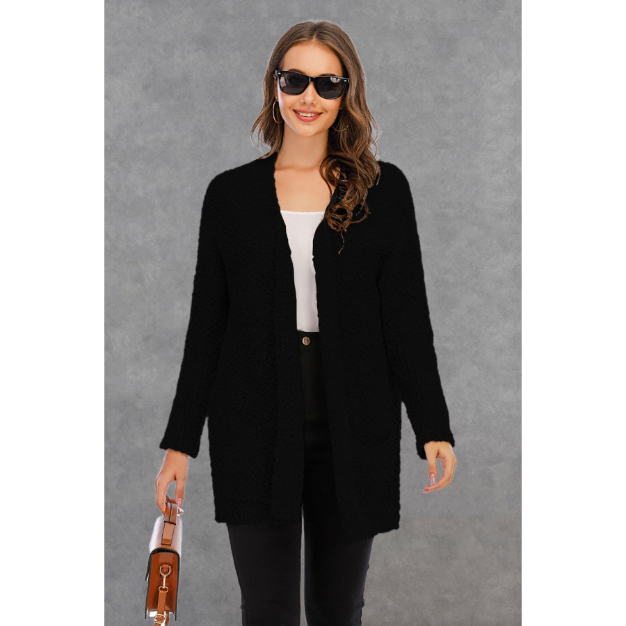 Pocketed Open Front Long Sleeve Cardigan Black / S Apparel and Accessories