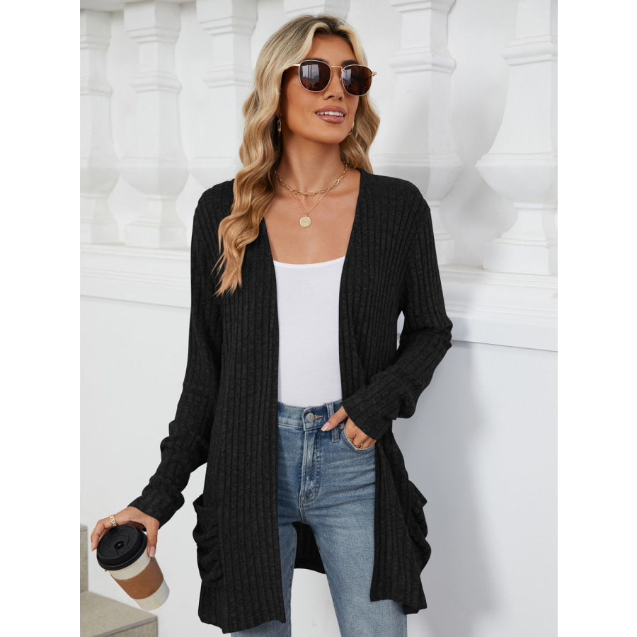 Pocketed Open Front Long Sleeve Cardigan Black / S Apparel and Accessories