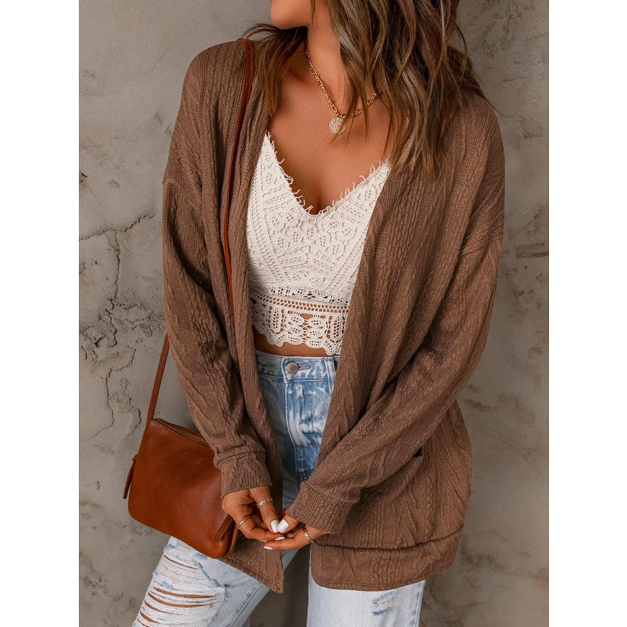 Pocketed Open Front Long Sleeve Cardigan Brown / S Apparel and Accessories