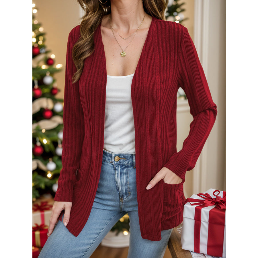 Pocketed Open Front Long Sleeve Cardigan Burgundy / L Apparel and Accessories