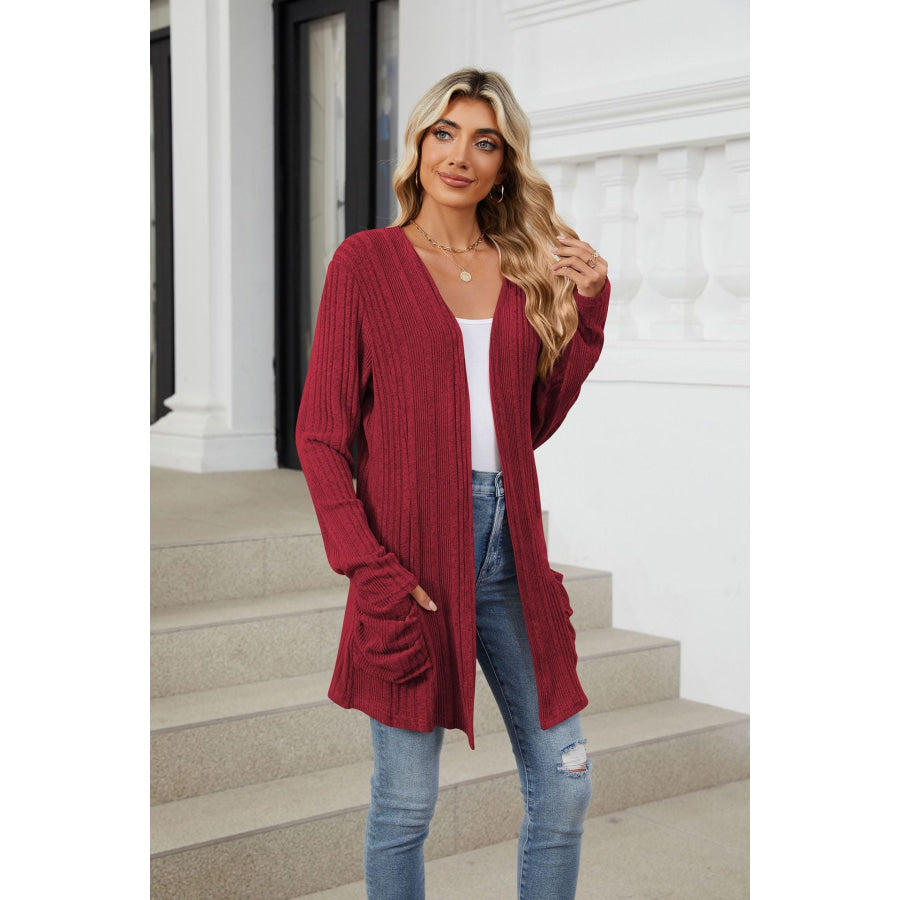 Pocketed Open Front Long Sleeve Cardigan Burgundy / S Apparel and Accessories