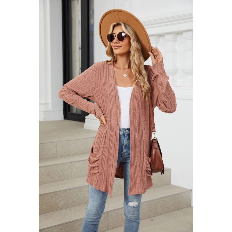 Pocketed Open Front Long Sleeve Cardigan Burnt Coral / S Apparel and Accessories