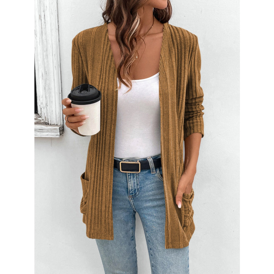 Pocketed Open Front Long Sleeve Cardigan Caramel / L Apparel and Accessories