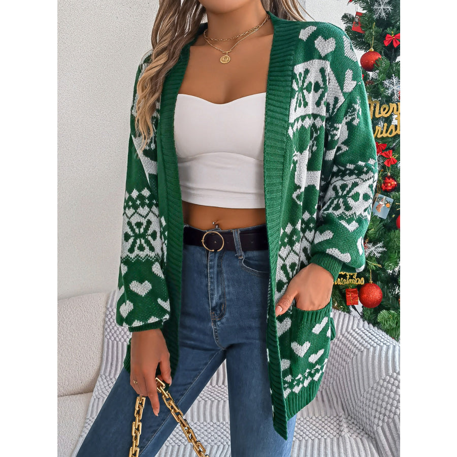 Pocketed Open Front Long Sleeve Cardigan Dark Green / S Apparel and Accessories