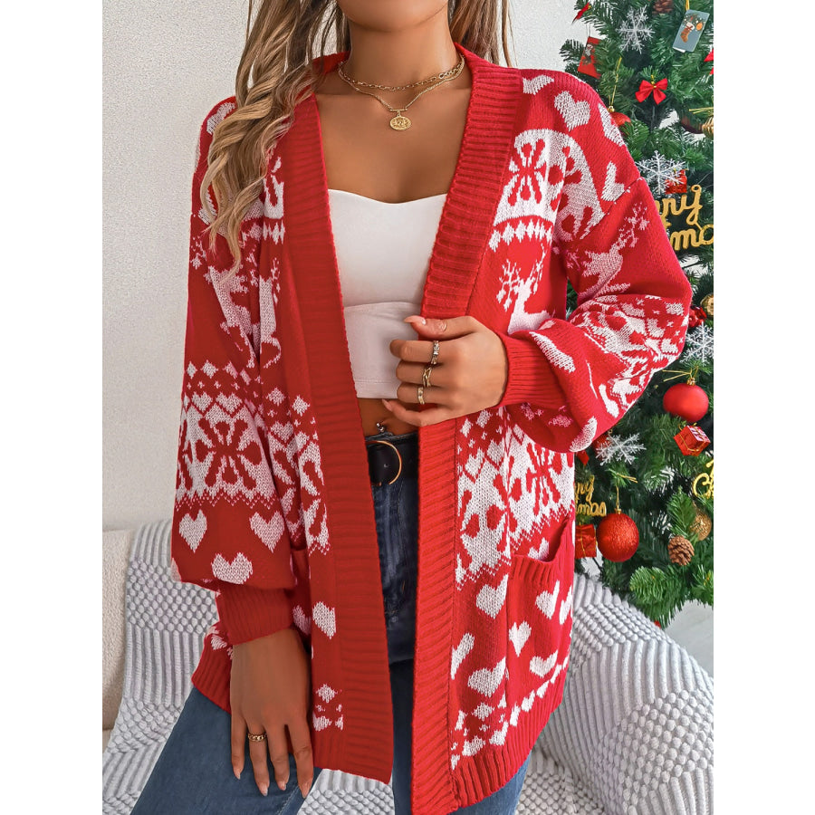 Pocketed Open Front Long Sleeve Cardigan Deep Red / S Apparel and Accessories