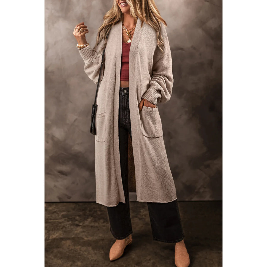 Pocketed Open Front Long Sleeve Cardigan Dust Storm / S Apparel and Accessories