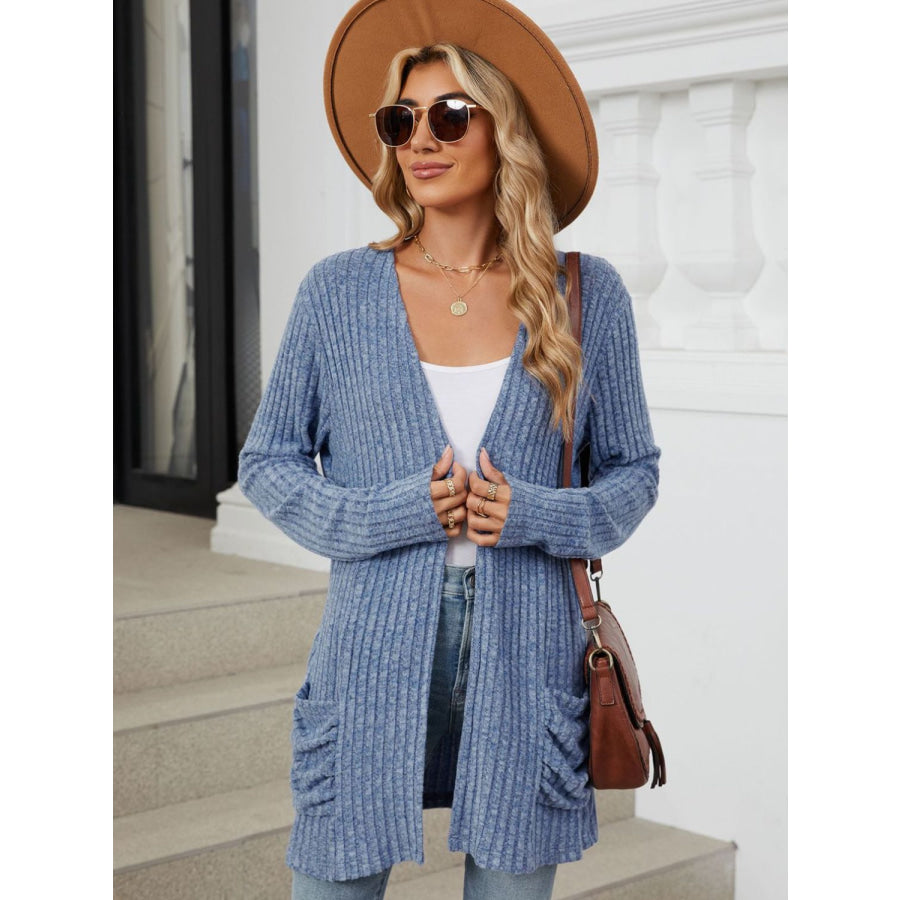 Pocketed Open Front Long Sleeve Cardigan Dusty Blue / S Apparel and Accessories