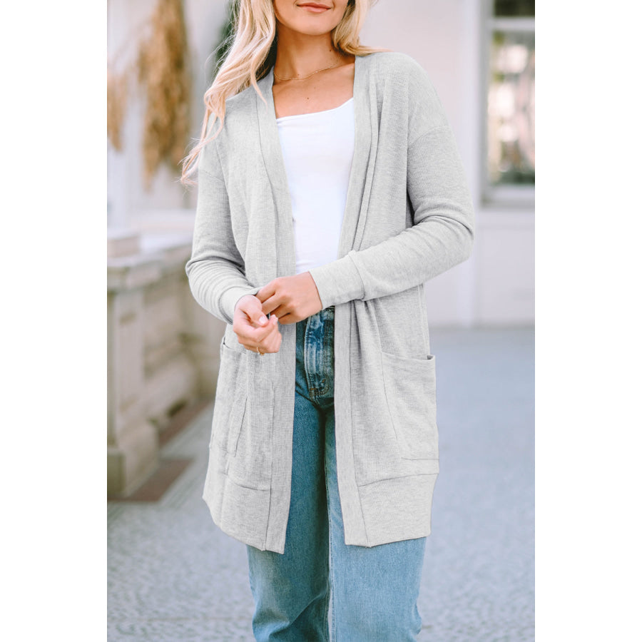 Pocketed Open Front Long Sleeve Cardigan Gray / S Apparel and Accessories