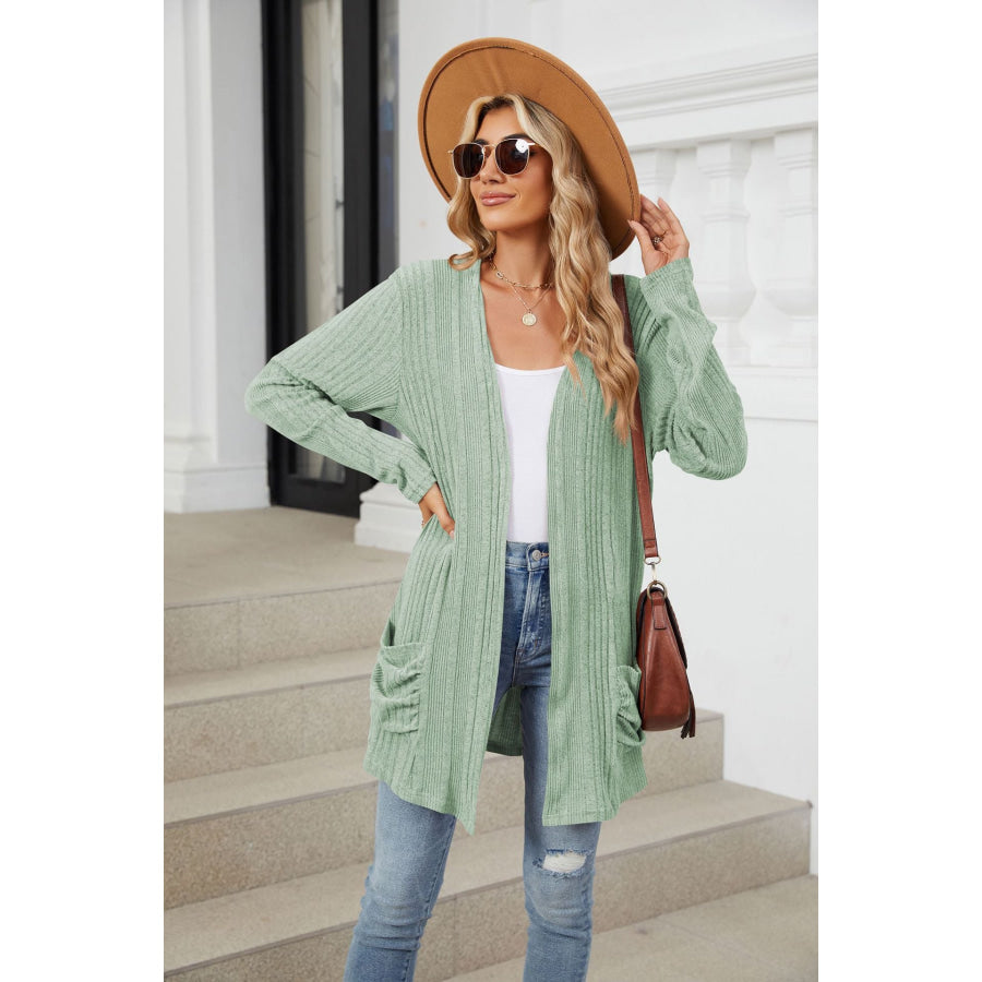 Pocketed Open Front Long Sleeve Cardigan Gum Leaf / S Apparel and Accessories