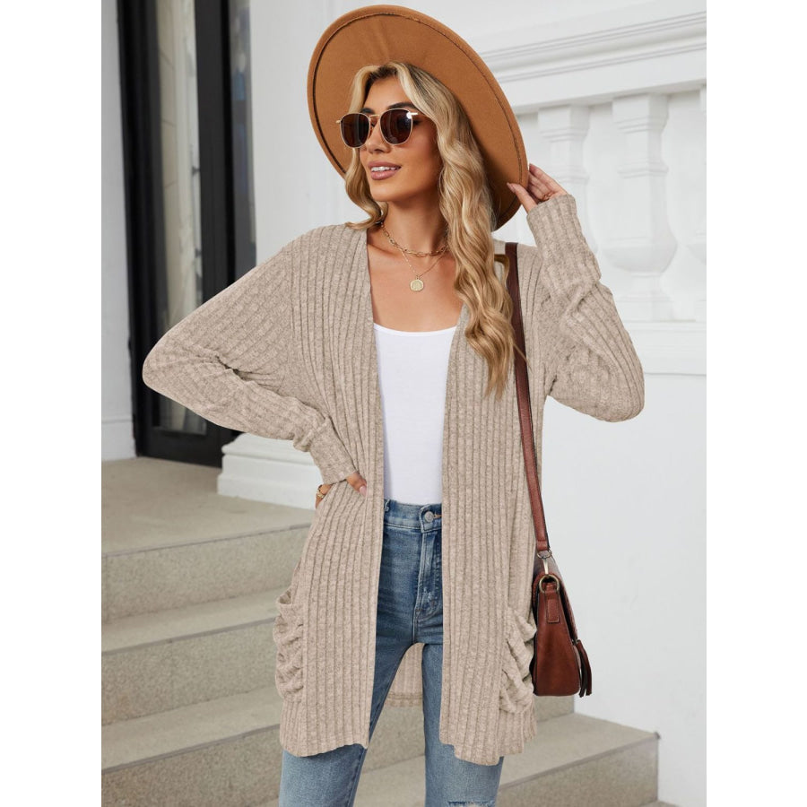 Pocketed Open Front Long Sleeve Cardigan Khaki / S Apparel and Accessories