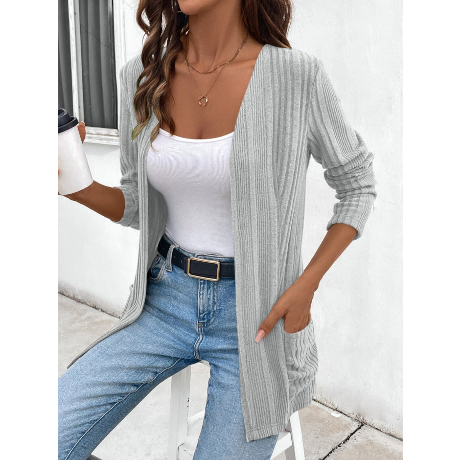 Pocketed Open Front Long Sleeve Cardigan Light Gray / M Apparel and Accessories