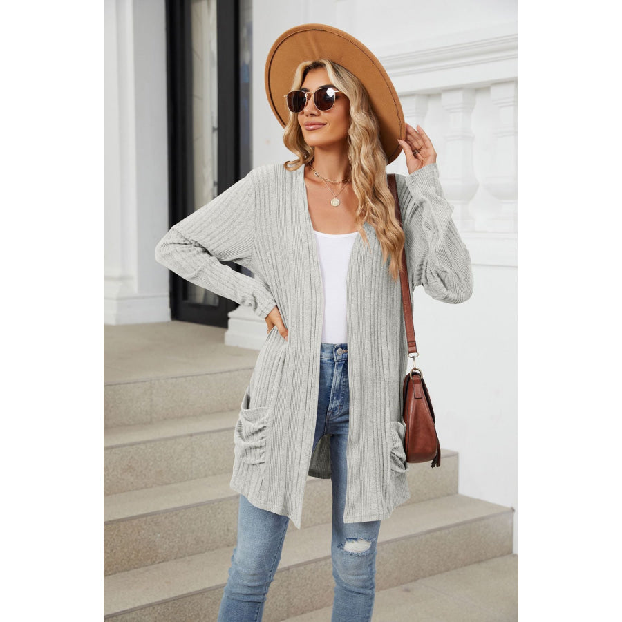 Pocketed Open Front Long Sleeve Cardigan Light Gray / S Apparel and Accessories