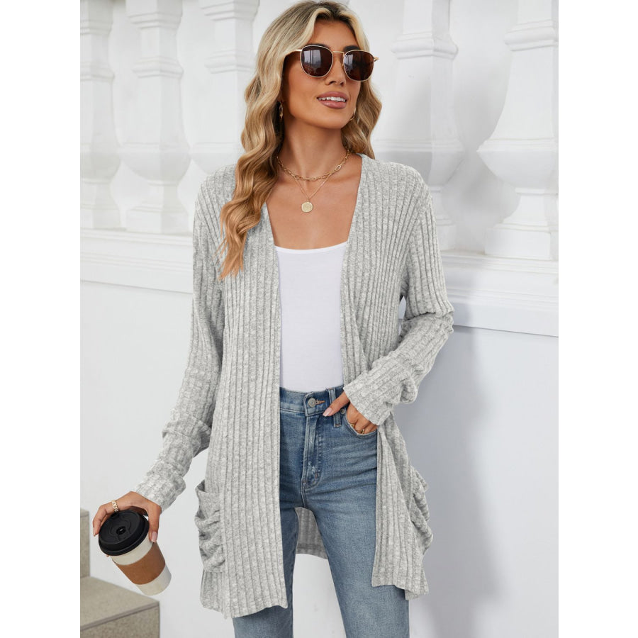 Pocketed Open Front Long Sleeve Cardigan Light Gray / S Apparel and Accessories