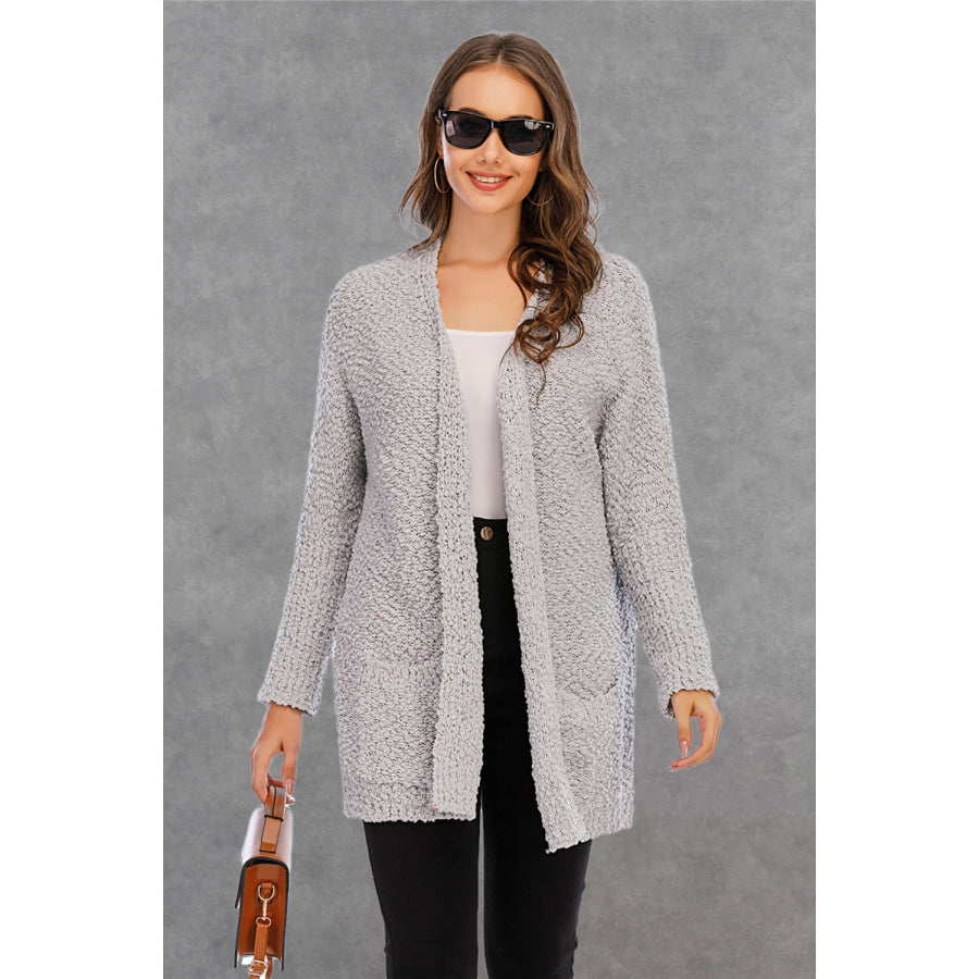 Pocketed Open Front Long Sleeve Cardigan Light Gray / S Apparel and Accessories