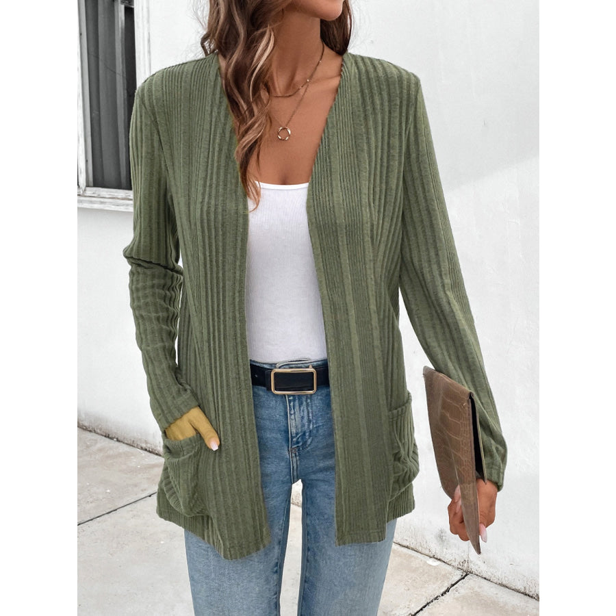 Pocketed Open Front Long Sleeve Cardigan Matcha Green / S Apparel and Accessories