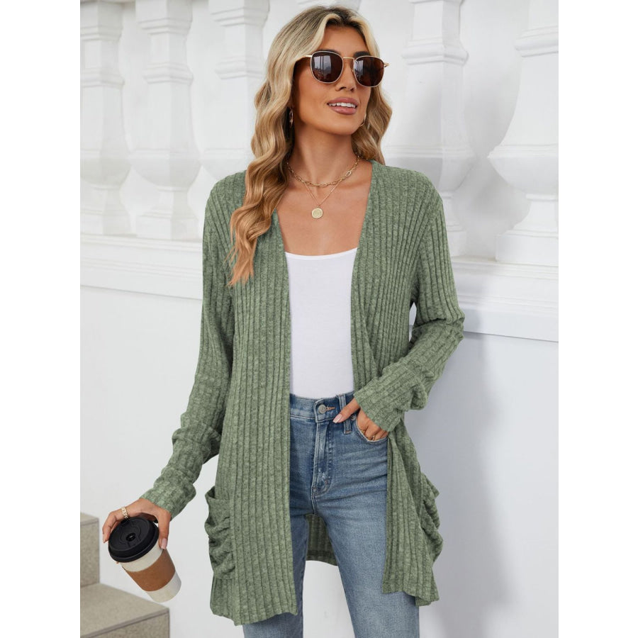 Pocketed Open Front Long Sleeve Cardigan Matcha Green / S Apparel and Accessories