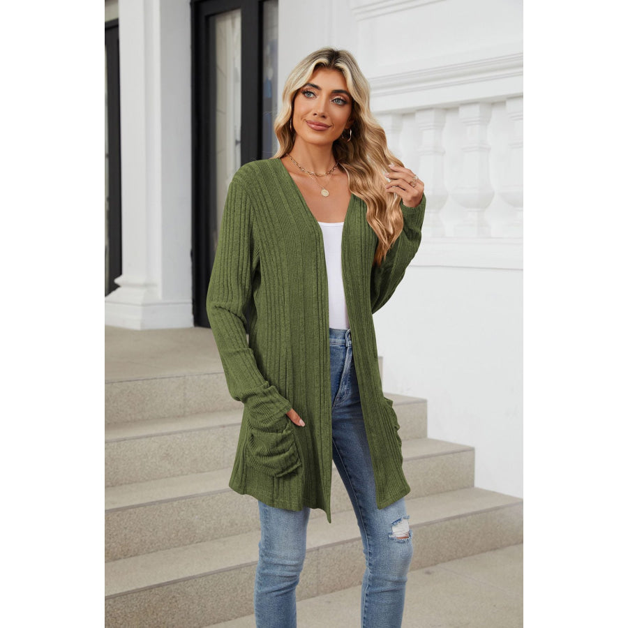 Pocketed Open Front Long Sleeve Cardigan Moss / S Apparel and Accessories