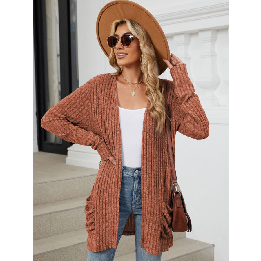 Pocketed Open Front Long Sleeve Cardigan Ochre / S Apparel and Accessories