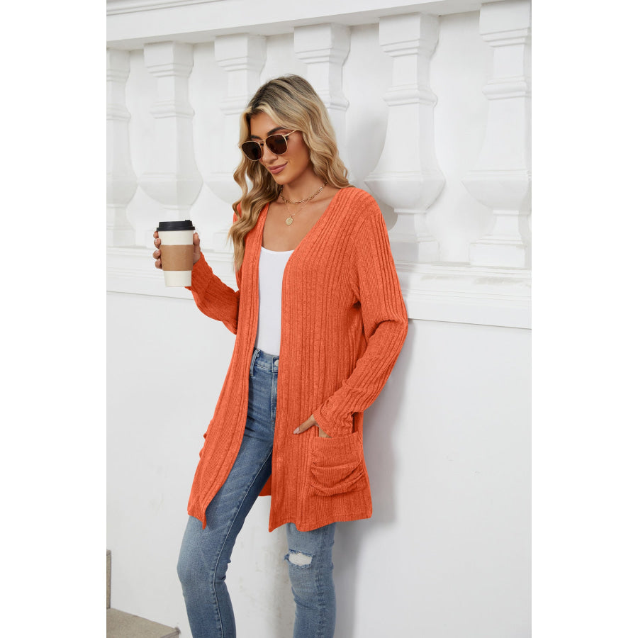 Pocketed Open Front Long Sleeve Cardigan Orange / S Apparel and Accessories