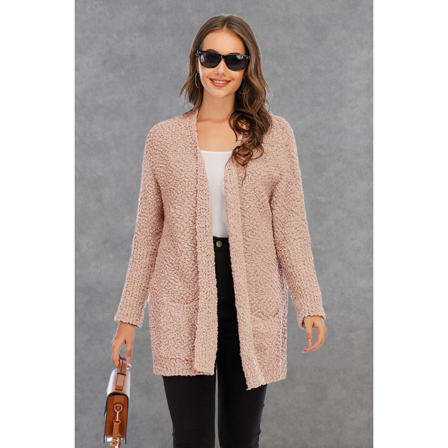 Pocketed Open Front Long Sleeve Cardigan Peach / S Apparel and Accessories