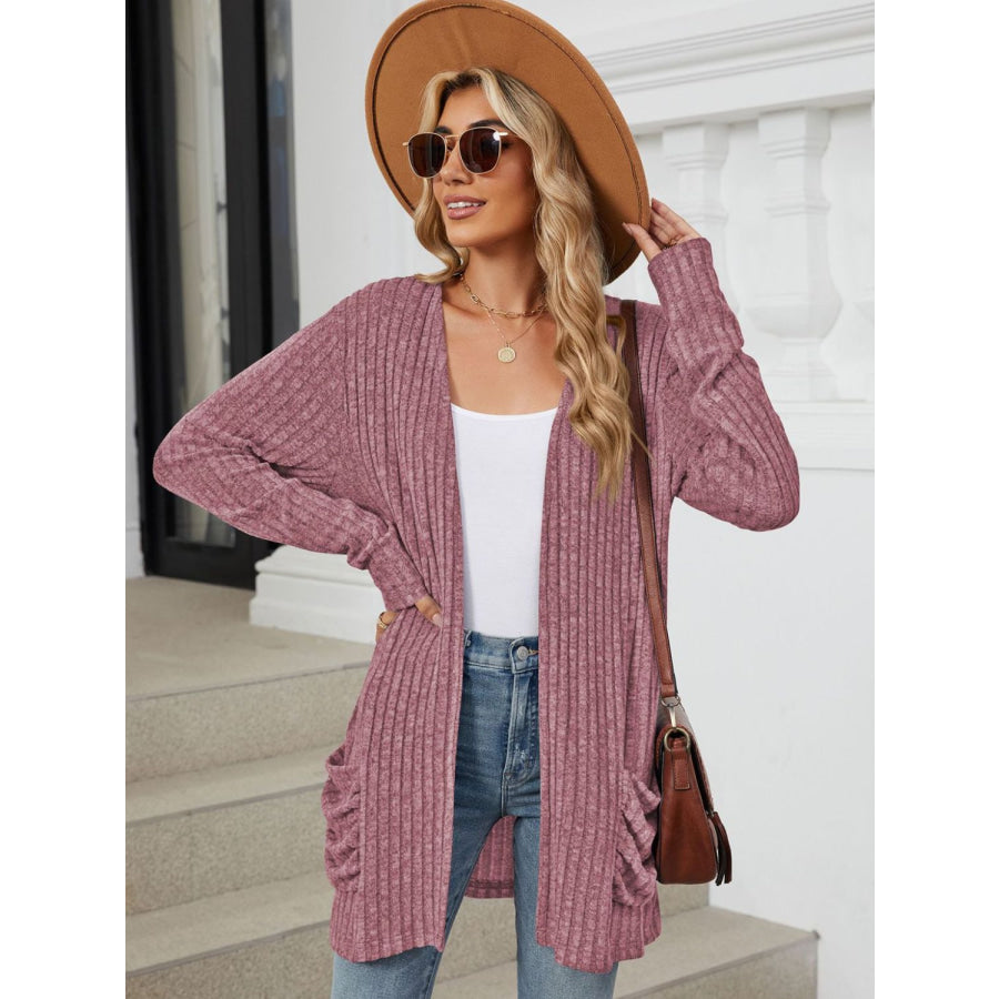 Pocketed Open Front Long Sleeve Cardigan Plum / S Apparel and Accessories