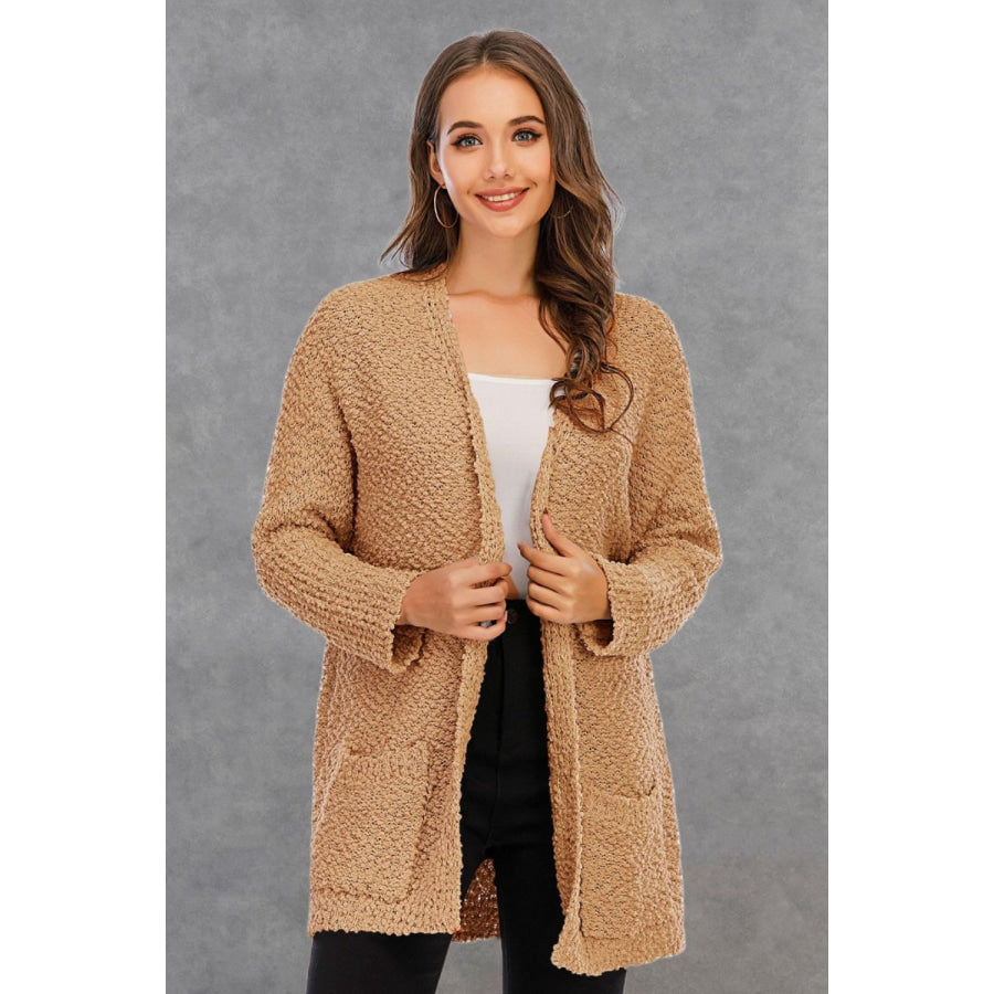 Pocketed Open Front Long Sleeve Cardigan Tan / S Apparel and Accessories