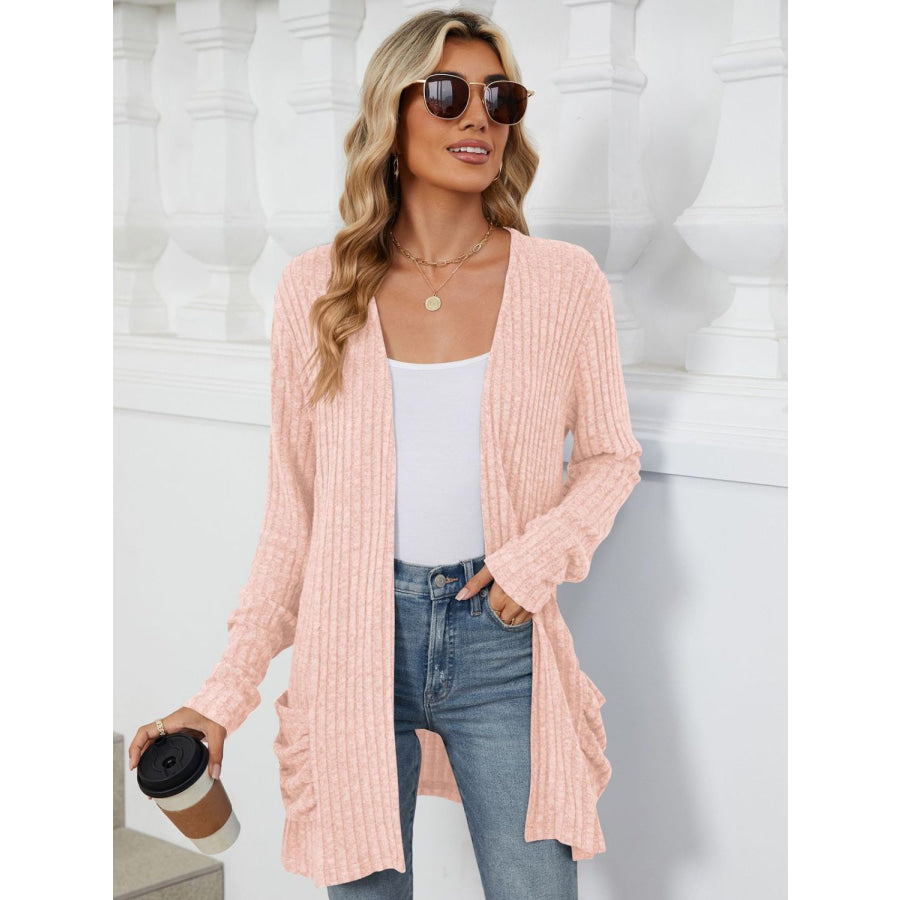 Pocketed Open Front Long Sleeve Cardigan Watermelon pink / S Apparel and Accessories