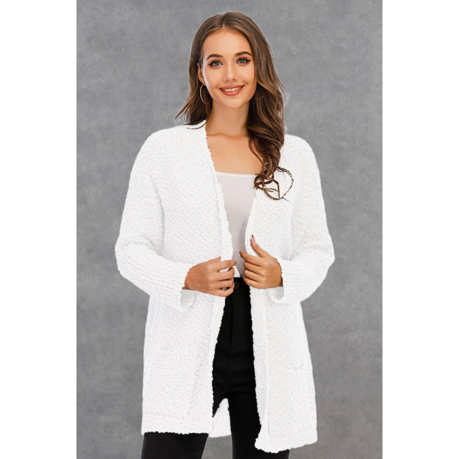 Pocketed Open Front Long Sleeve Cardigan White / S Apparel and Accessories