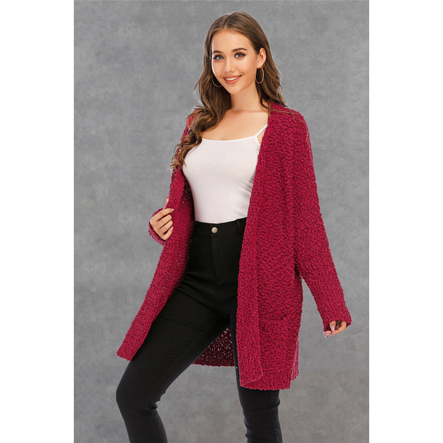 Pocketed Open Front Long Sleeve Cardigan Wine / S Apparel and Accessories