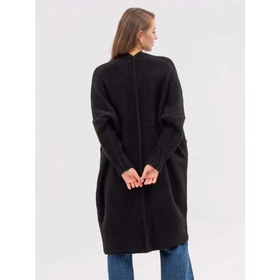 Pocketed Open Front Long Sleeve Longline Cardigan Apparel and Accessories