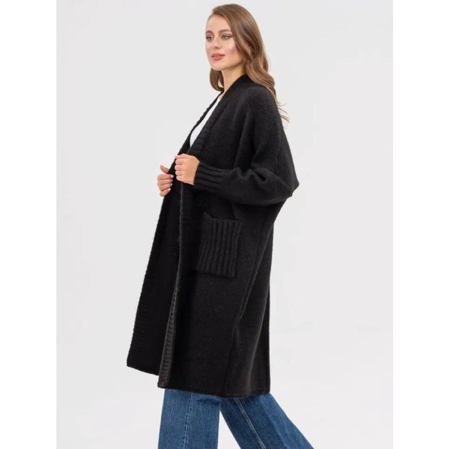 Pocketed Open Front Long Sleeve Longline Cardigan Apparel and Accessories