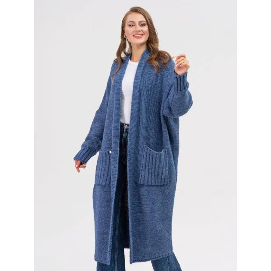 Pocketed Open Front Long Sleeve Longline Cardigan Apparel and Accessories