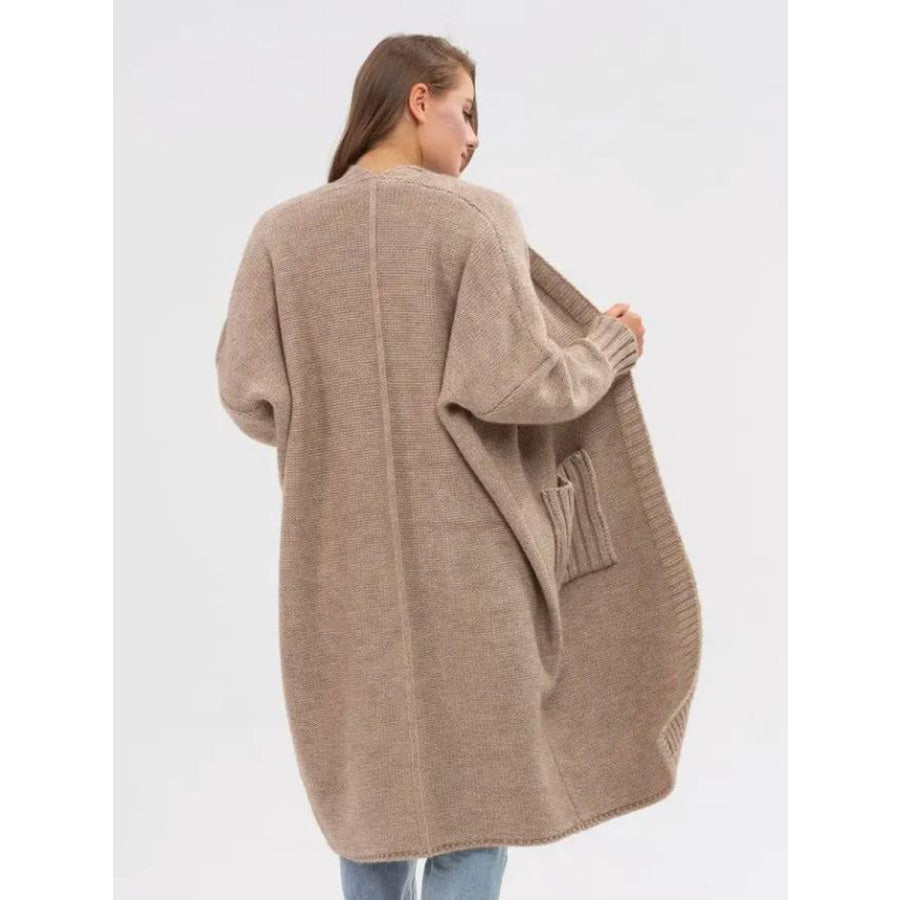 Pocketed Open Front Long Sleeve Longline Cardigan Apparel and Accessories