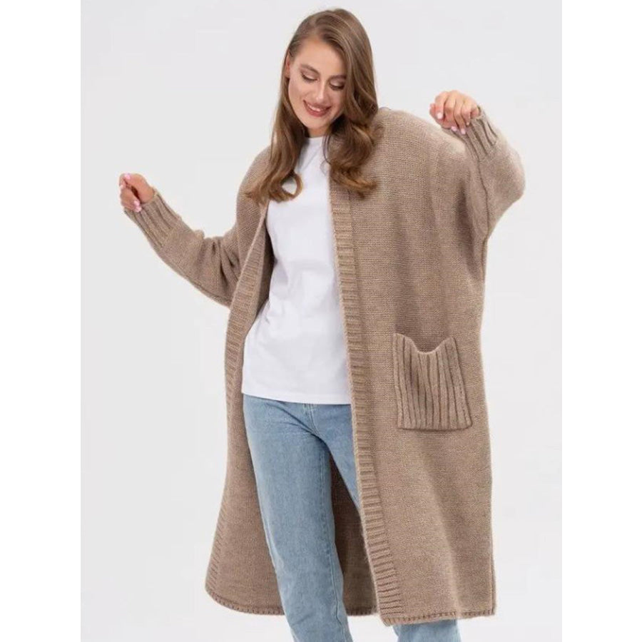 Pocketed Open Front Long Sleeve Longline Cardigan Apparel and Accessories