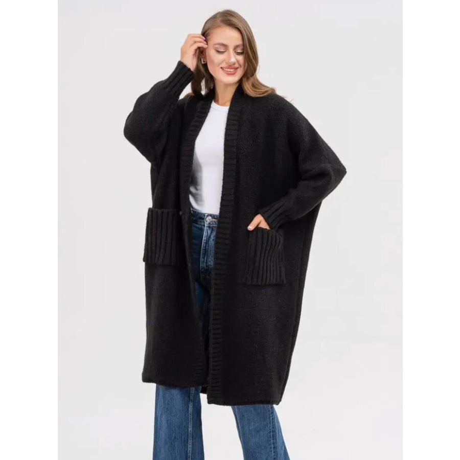 Pocketed Open Front Long Sleeve Longline Cardigan Black / One Size Apparel and Accessories