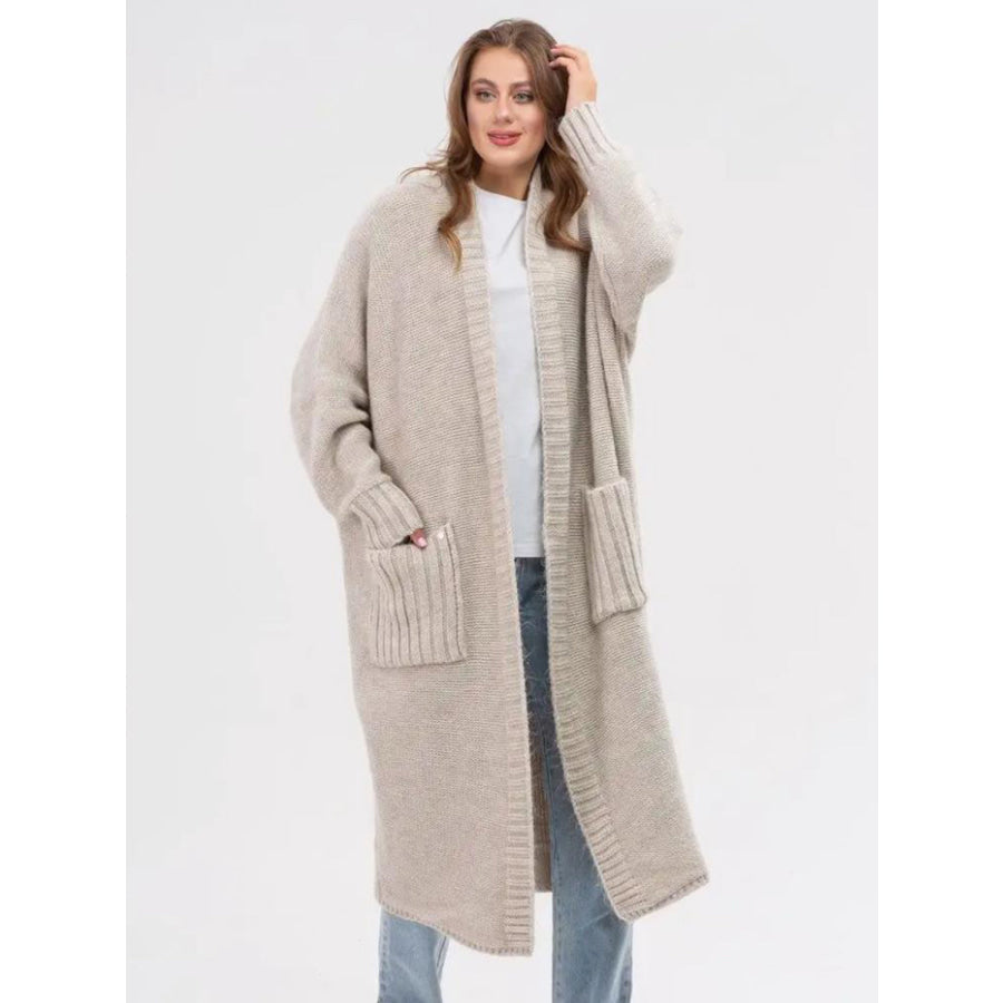 Pocketed Open Front Long Sleeve Longline Cardigan Dust Storm / One Size Apparel and Accessories