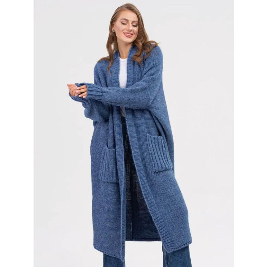 Pocketed Open Front Long Sleeve Longline Cardigan Dusty Blue / One Size Apparel and Accessories