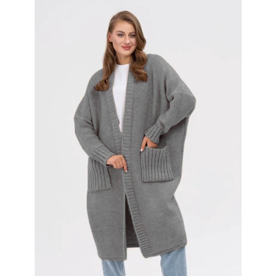 Pocketed Open Front Long Sleeve Longline Cardigan Gray / One Size Apparel and Accessories