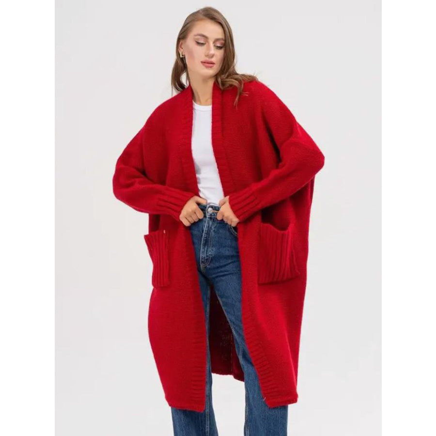 Pocketed Open Front Long Sleeve Longline Cardigan Scarlet / One Size Apparel and Accessories