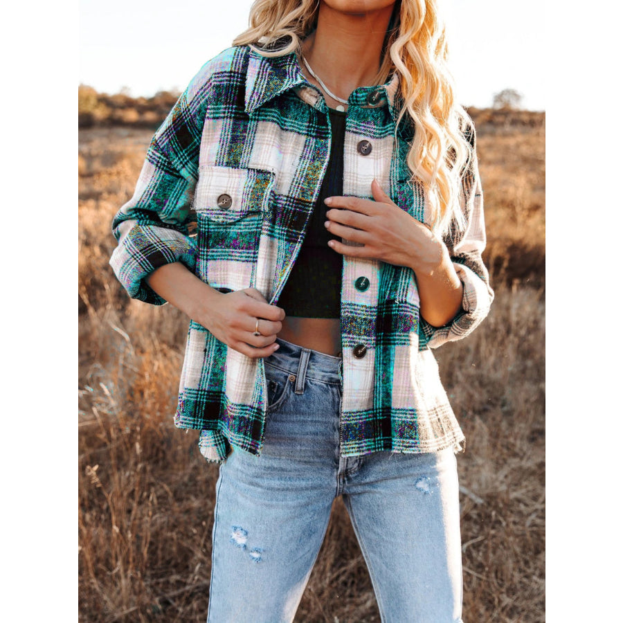 Pocketed Plaid Button Down Long Sleeve Shacket Apparel and Accessories