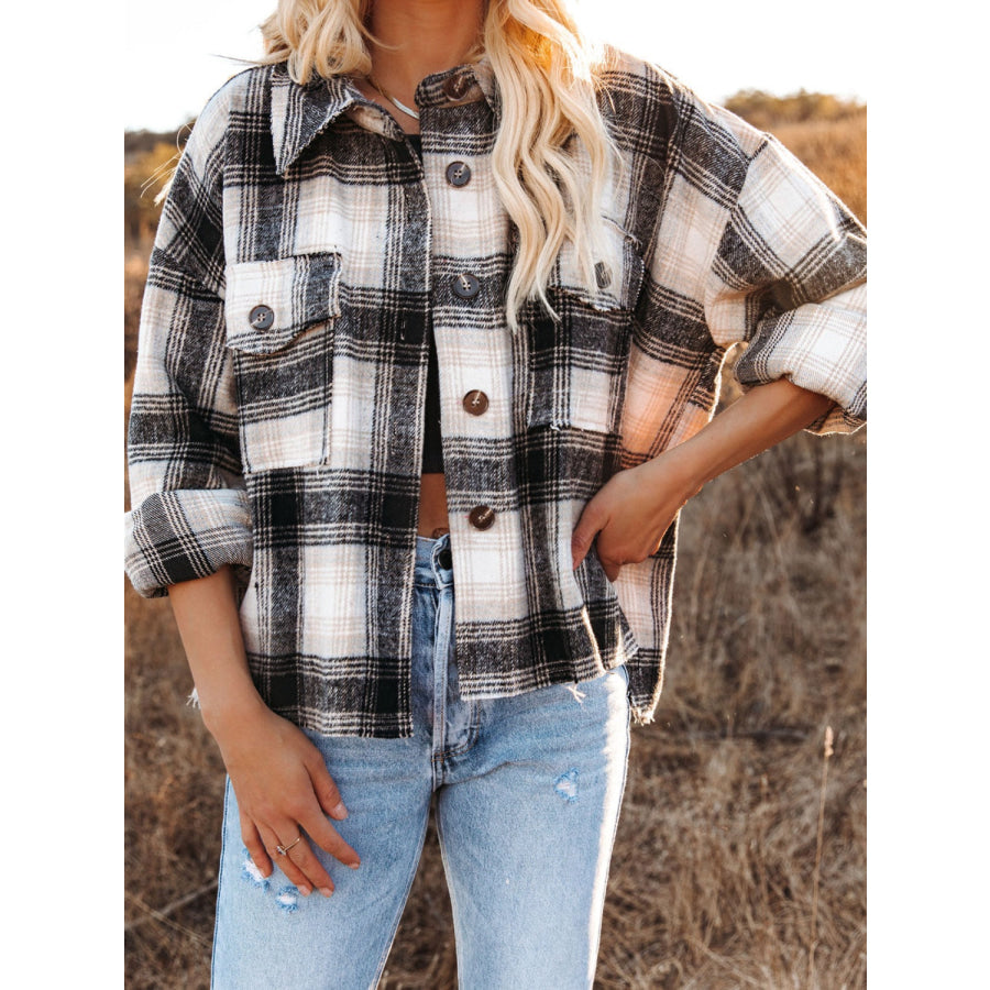 Pocketed Plaid Button Down Long Sleeve Shacket Apparel and Accessories